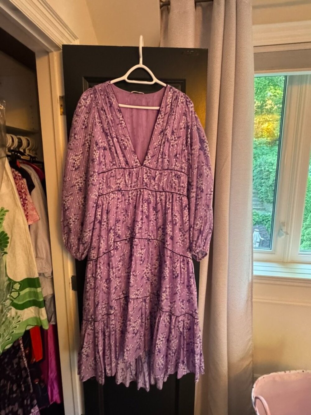 Ulla Johnson Dress Size 12 - Purple & White Floral Ruffled Dress - Picture 3 of 9
